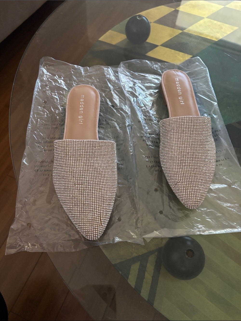 Madden Girl Champagne Rhinestone Pointed Slip-On Mules